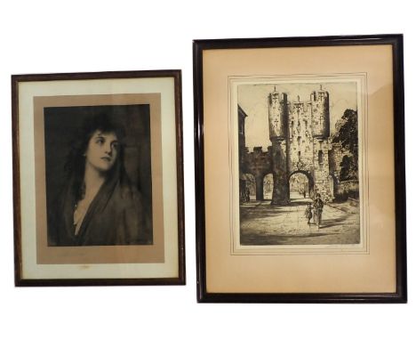 After Louis Whiter. Micklebar Gate York, signed etching, 36cm x 26cm, and an artist signed portrait print. (2)