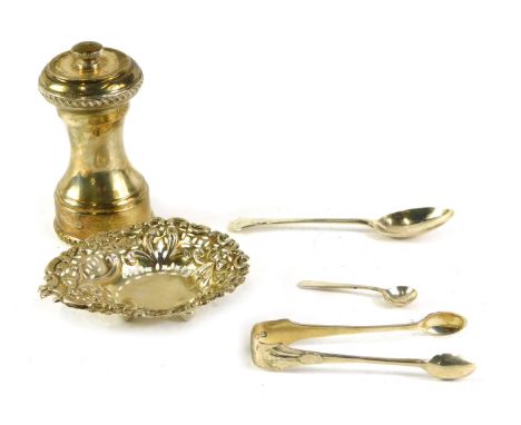 A group of small silver, comprising a George V silver pin dish, pierced decoration, Birmingham 1925, a pair of silver sugar n