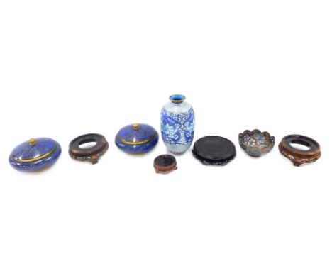 Four modern cloisonne enamel items, comprising a pair of blue and green floral lidded trinket pots, 10cm high, on urn stands,