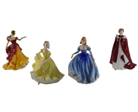 Three Royal Doulton porcelain figurines, Ninette, Melissa, Belle, and a Worcester figure of Queen Elizabeth II in Celebration