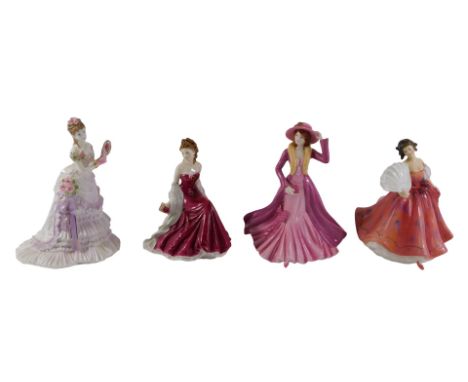 Four porcelain figurines, Coalport Special Day, Royal Worcester Golden Moments, Royal Doulton First Waltz, and Royal Worceste
