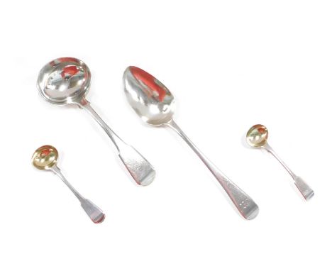 Four Georgian and later silver spoons, comprising a pair of fiddle pattern salt spoons, maker SH, London 1813, a larger fiddl