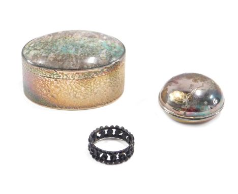 Three items of silver and silver plated wares, comprising a silver pill box, with domed top, with dragonfly and lily patterne