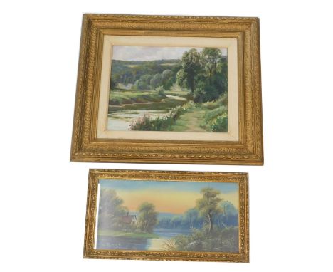 R. Reeve. River landscape, oil on board, 27cm x 34cm, and an oil on paper signed C Royd. (2) 
