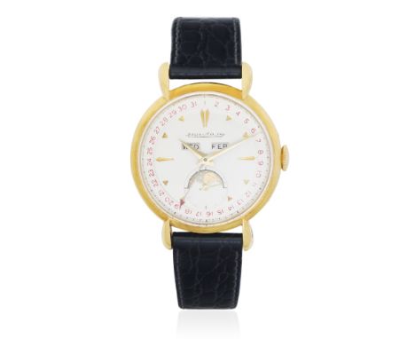 Jaeger-LeCoultre. An 18K gold manual wind triple calendar wristwatch with moon phaseDate: Circa 1947Movement: Jewelled Cal.P4