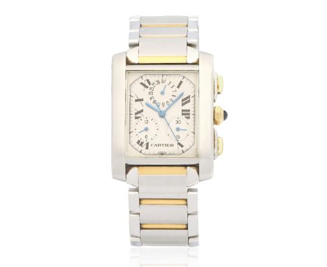 Cartier. A stainless steel and gold quartz calendar chronograph bracelet watchModel: Tank FrançaiseReference: 2303Date: Circa