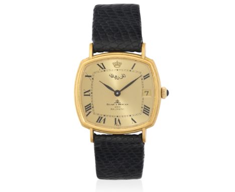 Baume &amp; Mercier. An 18K gold automatic calendar wristwatch bearing the signature of King Hussein of JordanModel: Baumatic