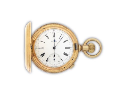 Waltham. An 18K gold keyless wind full hunter chronograph pocket watchDate: Circa 1882Movement: Gilt 3/4 plate Swiss lever, c