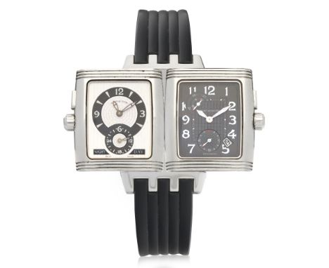 Jaeger-LeCoultre. A stainless steel manual wind reversible rectangular calendar wristwatch with 24 hour indicationModel: Reve