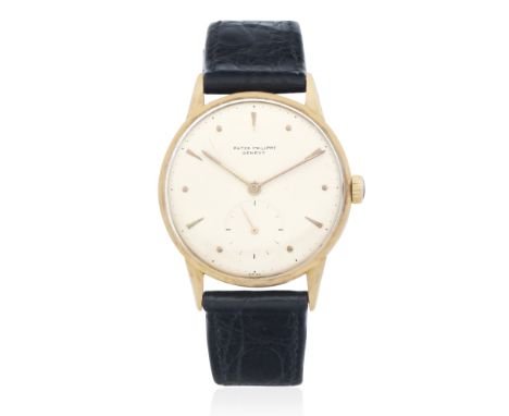 Patek Philippe. An 18K gold manual wind wristwatchDate: Circa 1955Movement: 18-jewel manual wind, No.961365Dial: Silvered, ap