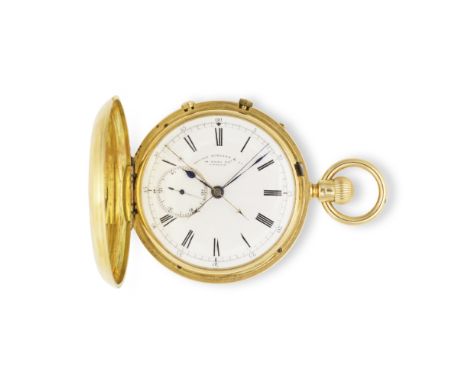 Nicole Nielson &amp; Co, 14 Soho Square, London. A rare 18K gold keyless wind full hunter split second chronograph pocket wat
