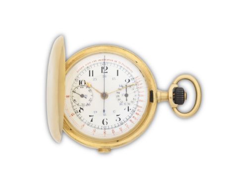 An 18K gold keyless wind full hunter chronograph pocket watch with pulsations dialDate: Circa 1920Movement: Gilt Swiss lever,