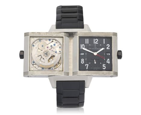 Jaeger-LeCoultre. A stainless steel automatic reversible square calendar bracelet watch with dual time zoneModel: Reverso Squ