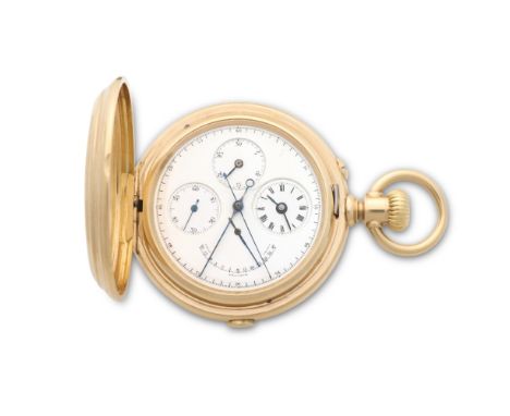 A rare and unusual complicated 18K gold keyless wind full hunter split second chronograph pocket watch with thermometerDate: 