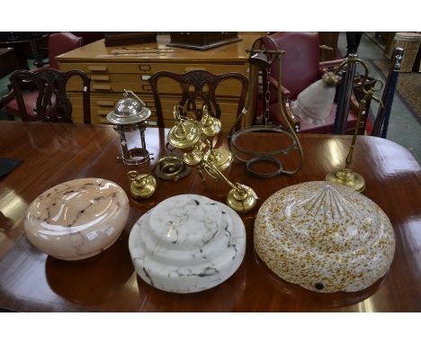 Lighting - A marble effect glass ceiling shade;  others similar;  a three branch brass ceiling light;  other lighting.