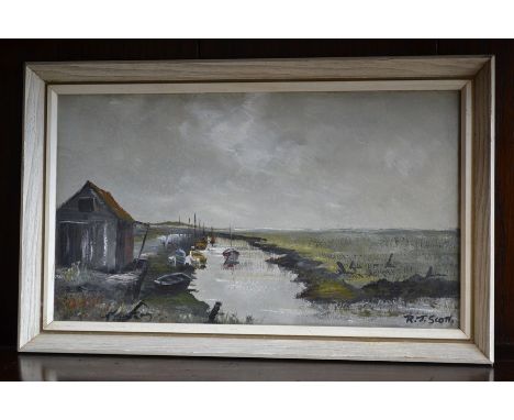 R J Scott
Boats on the Mudflats
signed, oil on hardboard, 16.5cm X 29cm
