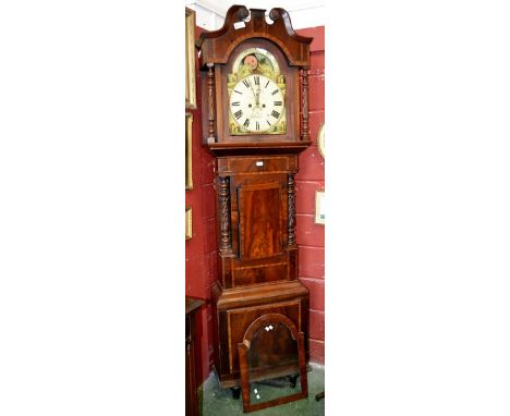 A flame mahogany crossbanded longcase clock, Broken swan neck pediment,painted arched dial with sun and moon phase, inscribed