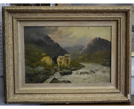 Scottish school (early 20th century)
Highland cattle in the high Glen
oil on canvas, bears monogram A K C, 45cm x 30cm, frame