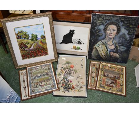 Pictures and Prints -
 Sue Boucher,after
Black cat guardian, dated 85; 
Lorna Bloxham,
portrait, maiden, oil on canvas,signed