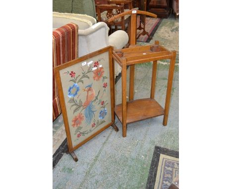 A light oak valet stand of unusual form; a tapestry firescreen (2)