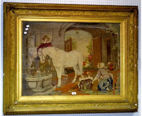 A gilt framed tapestry - watering the horses.