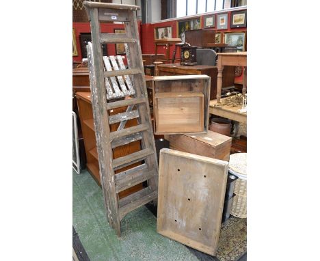 Two sets of wooden step ladders; a wooden baker's tray; three wooden crates (6)