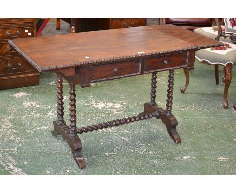 A 19th century fruitwood sofa table,  beaded border to top, two short drawers to frieze, barley twist supports and stretchers