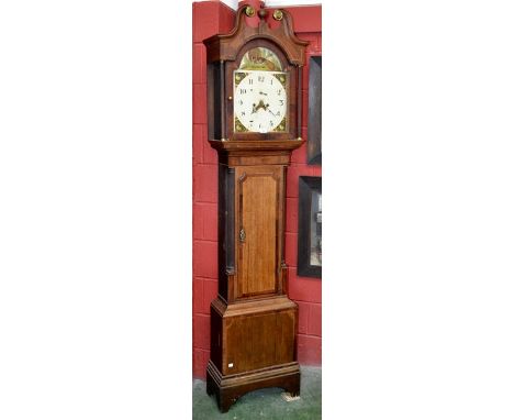 A George III oak and mahogany longcase clock, painted arched dial, Arabic numerals, subsidiary seconds, date aperture, eight 