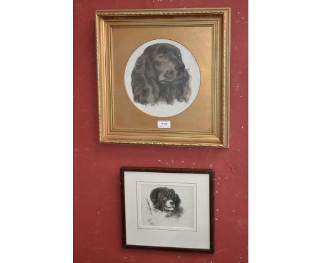 E G A Casey
Portrait of a Newfoundland,
signed, pen and ink with watercolour wash, 16cm x 13cm; another; portrait of a Spanie