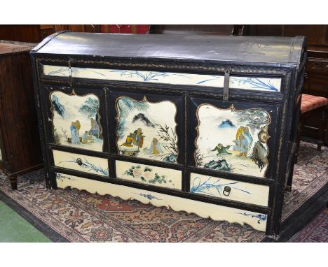 A large oriental dome top mule chest, hinged top, painted pastoral scenes to panelled front, two short drawers to base. shape