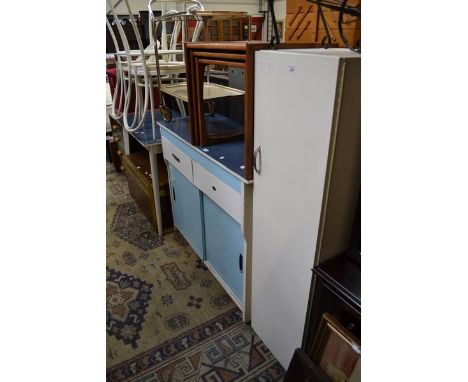 A G-plan teak nest of tables; white painted tall cupboard; a retro style classic sideboard and matching table; four white cha