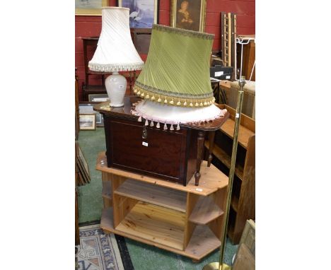 A 1960's oak book shelf; a pine corner shelving unit; a small mahogany record cabinet; a brass standard lamp; a turned wooden