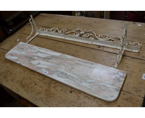 A rose marble wall shelf with metal work base.