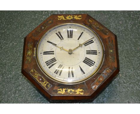 A 19th century wall clock, brass inlaid octagonal case, painted white dial, Roman numerals with bracket