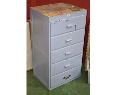 A painted pine chest of five drawers. 94cm high x 50.5cm wide x 43cm deep.