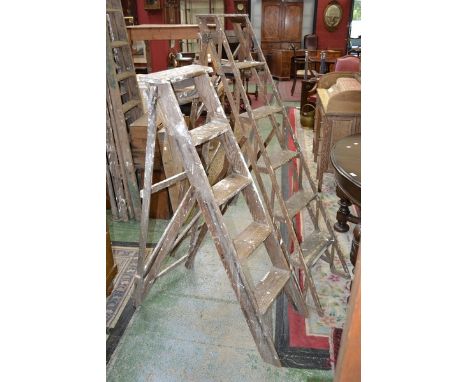 A vintage set of step ladders - The Hatherley Patent Lattistep; another, five tread. (2)