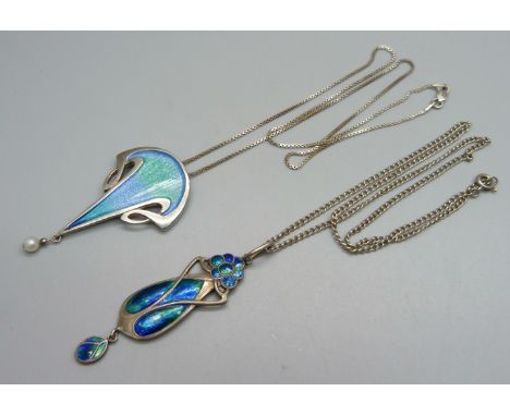 An Art Nouveau Murrle Bennett &amp; Co .950 silver and enamel pendant on a white metal chain, (one panel of enamel worn), 10.