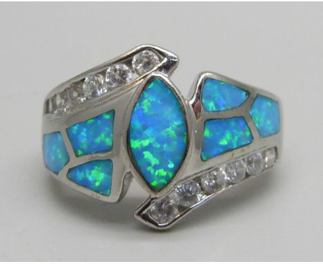 A silver, synthetic opal and white stone ring, P/Q 