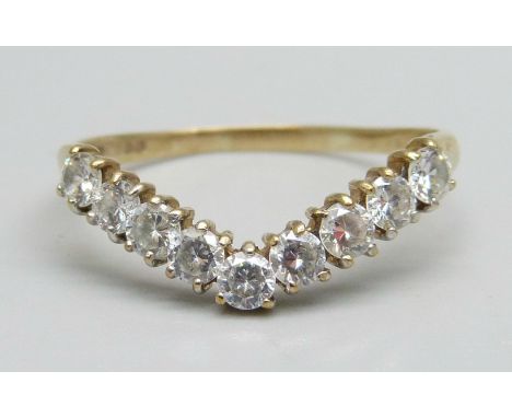 A 9ct gold wishbone ring set with white stones, 2.2g, X 