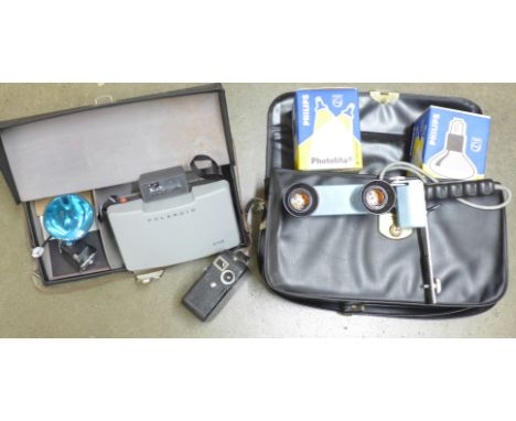 A Polaroid land camera, a light bar and a Pathescope cine camera 