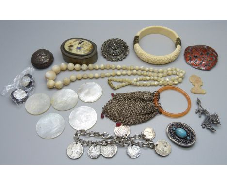 Jewellery including a Siam silver and enamel brooch, a filigree silver brooch, a pair of silver earrings, and other items - a