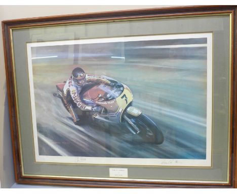 A framed motorcycle racing print, World Champion by Dion Pears, signed by Barry Sheene and by the artist, no. 126/500 