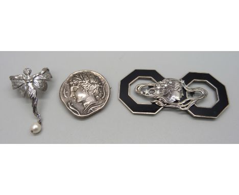 A silver and enamel brooch, 8cm, a silver brooch/pendant with portrait design, and a metal scarf ring, 35g of silver 