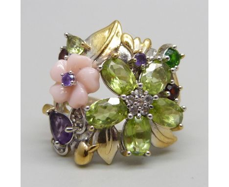 A silver gilt, pink pearl, zircon, amethyst and peridot dress ring, N/O 