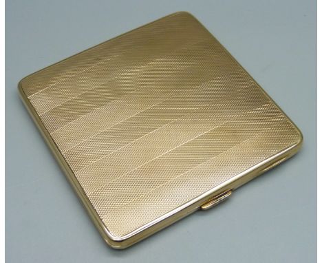 A 9ct gold cigarette case with engine turned design, internal inscription dated 1953, 80g, 8.2cm x 8cm 