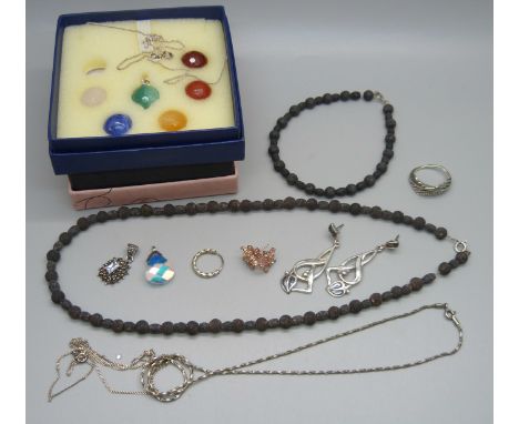 Two pairs of silver earrings, two silver chains, a silver ring, white metal jewellery including a pair of hoop earrings and c