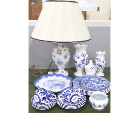 Aynsley Elizabeth Rose vases, a similar pattern table lamp, Copeland Spode bird plates and other blue and white china **PLEAS