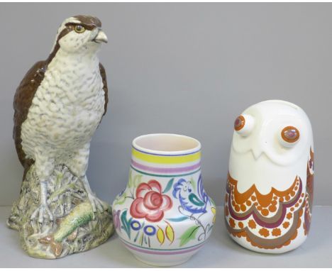 A Carlton Ware owl money box, a Poole vase and a Beswick Osprey whisky flask 