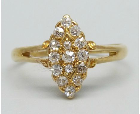 A Victorian 18ct gold and diamond marquise shaped ring, Birmingham 1897, 2.9g, S 