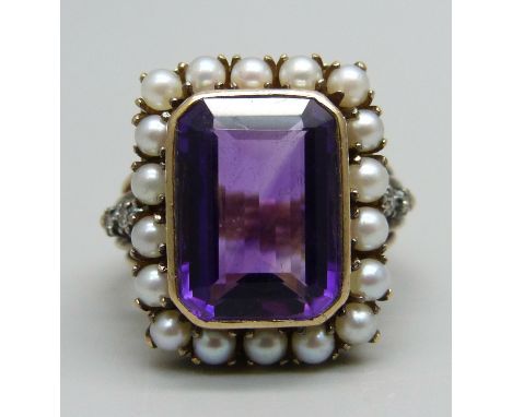 An antique French amethyst, pearl and diamond ring, control marks to outer shank, tests at 18ct gold, 9.7g, P 